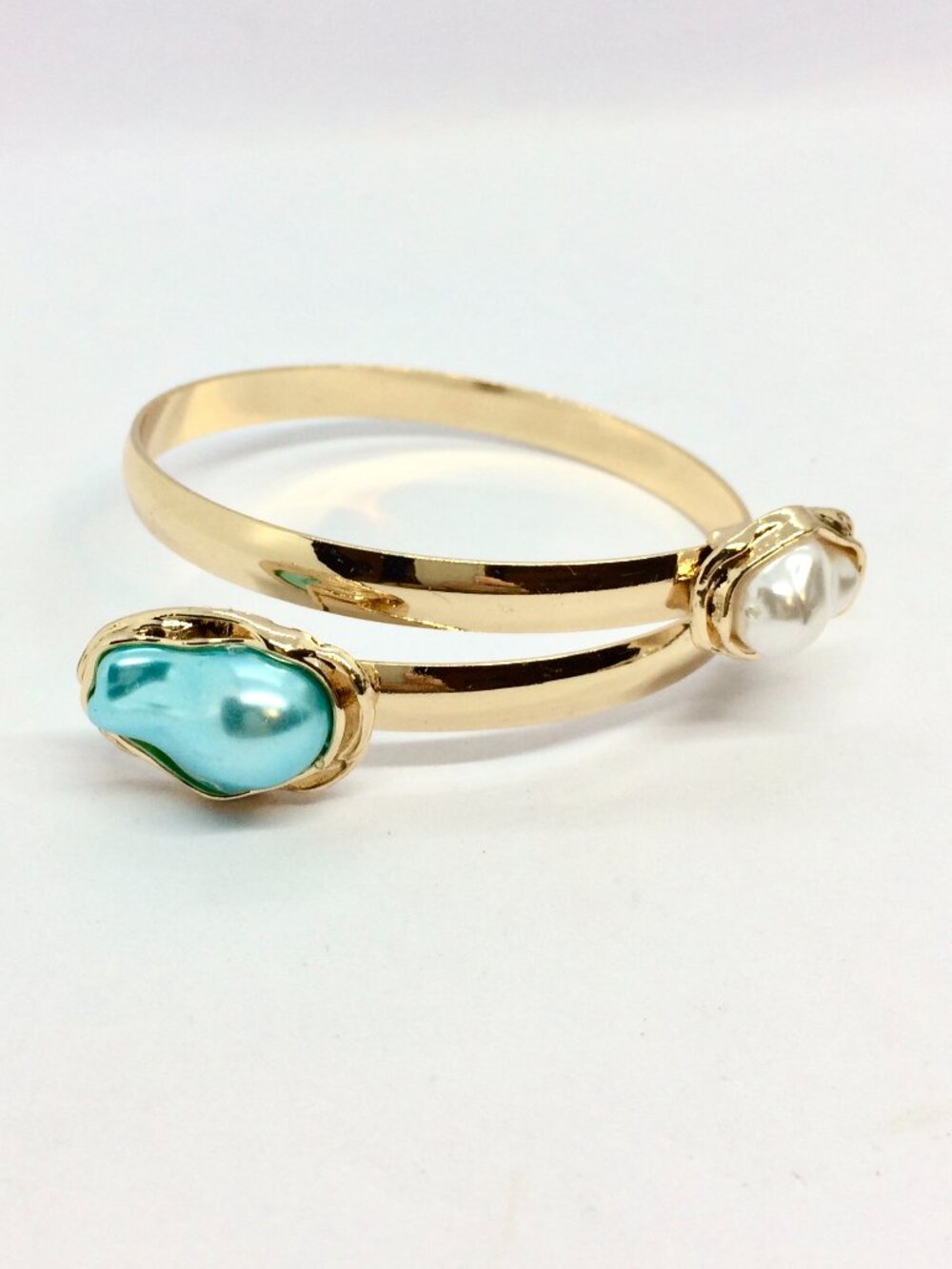 PEARL CUFF BRACELET Gold Tone Blue White Open Bangle Adjustable Arm Band